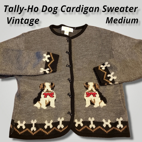 Tally Ho Other - Vintage Tally-Ho Dog Sweater Grey Black Cream Brown Medium